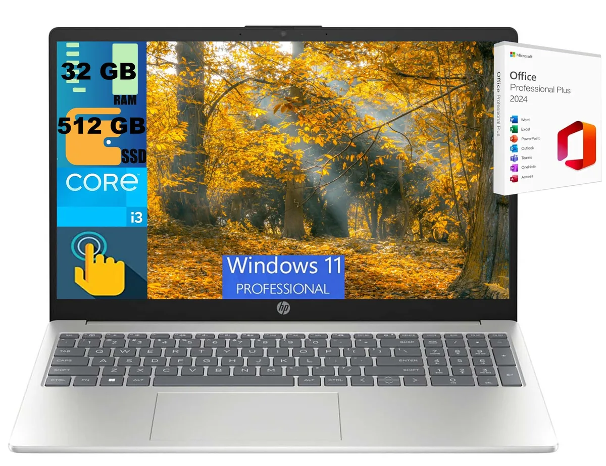 HP HP 15 Business Laptop i3-1215U 32GB 512GB 15.6" HD Touch Windows 11 Pro Silver — photo du produit