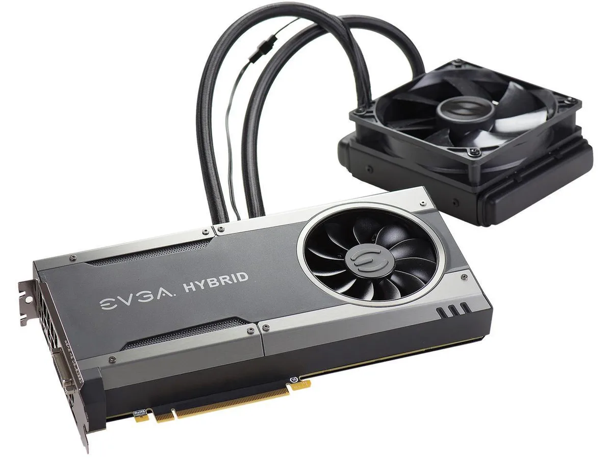 EVGA GeForce GTX 1080 FTW Hybrid graphics card with integrated water block and 10 cm radiator fan