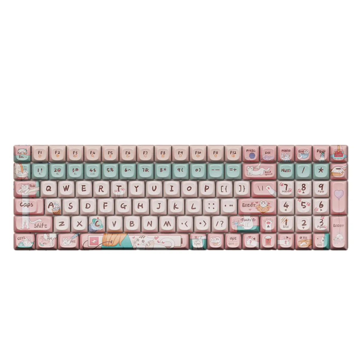 A set of 100 colourful PBT keycaps with novelty legends and two extra space bars
