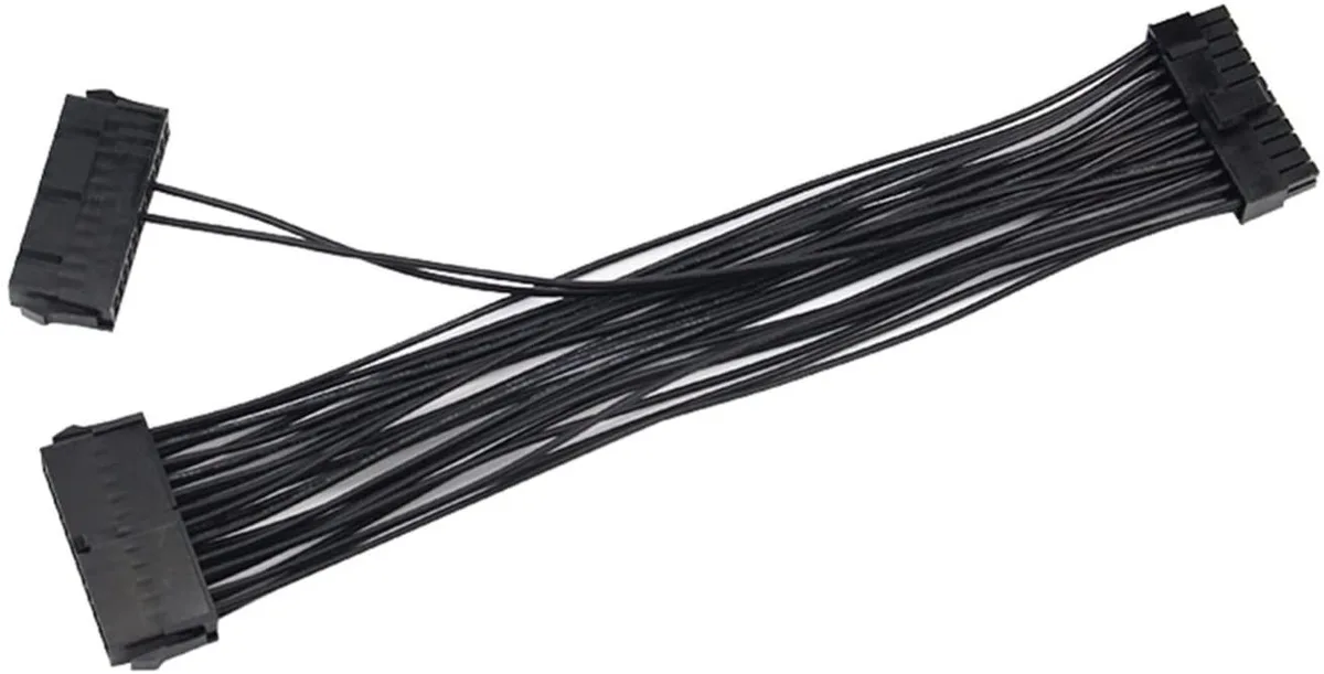 Flat 30 cm black cable with one 24-pin male connector splitting to two 24-pin female connectors