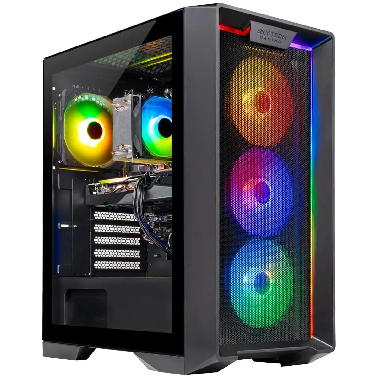 Black mid-tower desktop with tempered glass side panel