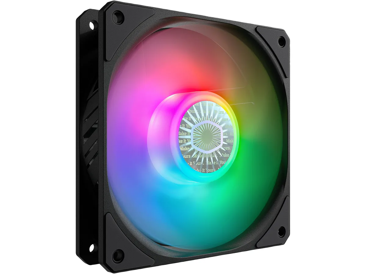 Black square 120 mm case fan with ARGB lighting and transparent curved blades