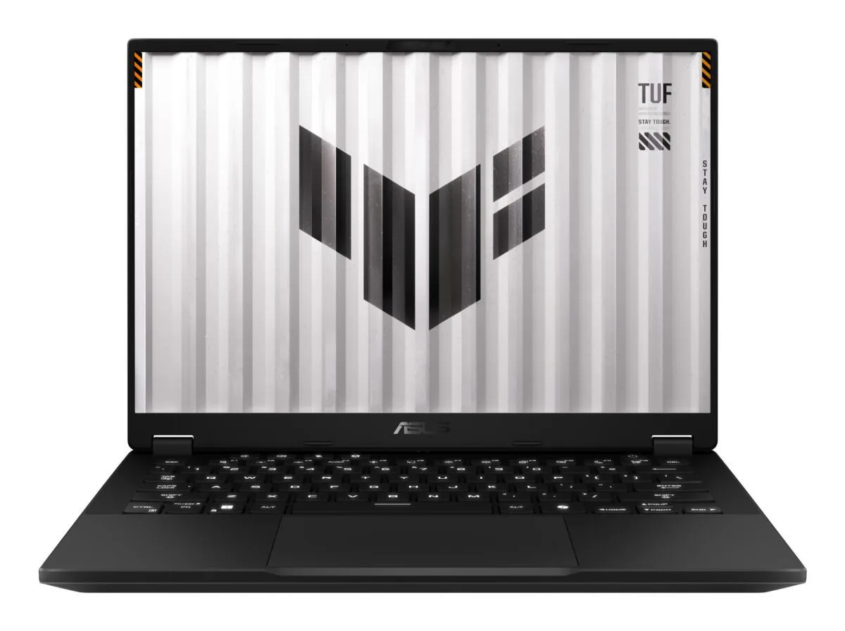 Black ASUS TUF Gaming A14 laptop closed showing matte finish and compact 14 inch form factor