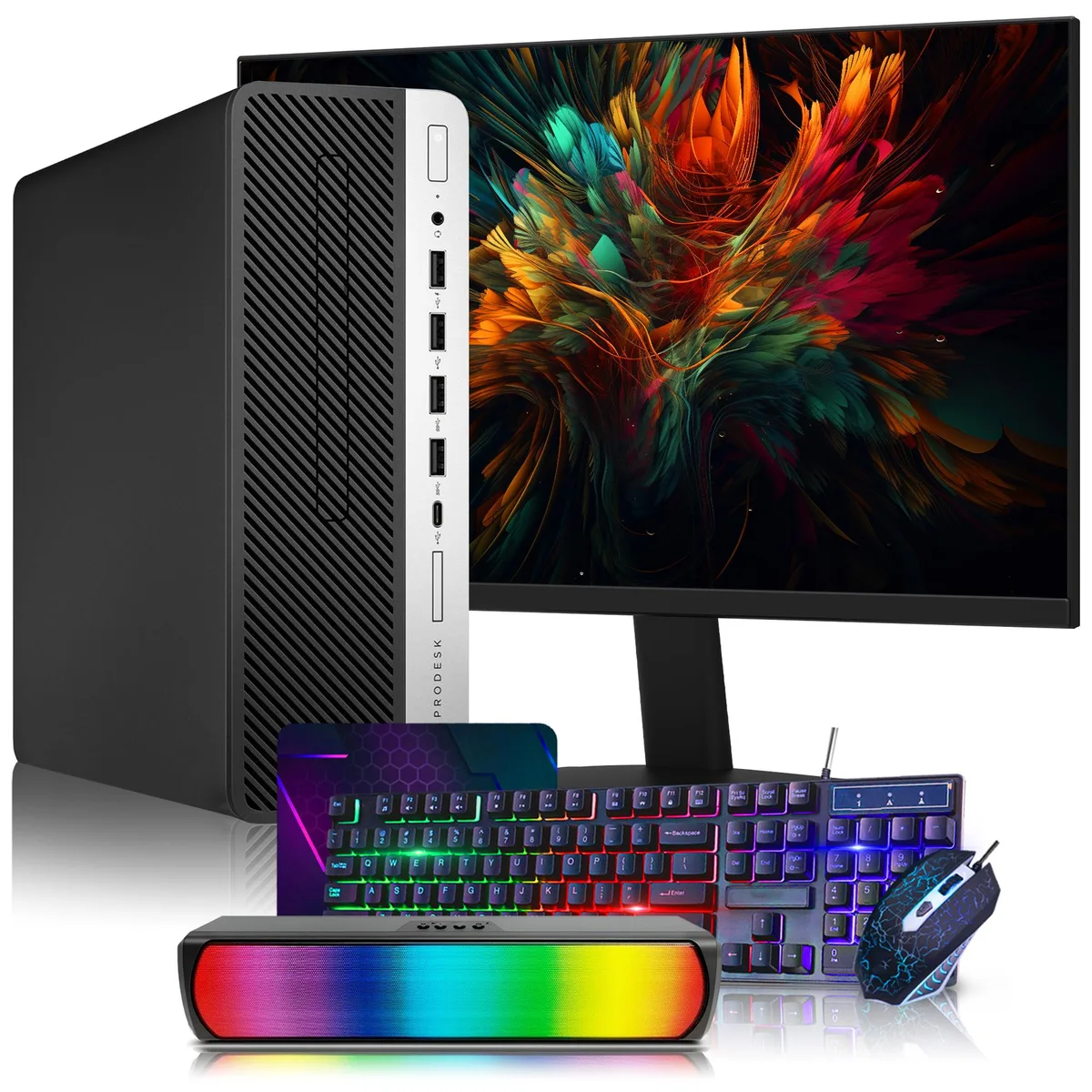 HP HP ProDesk 600 G4 SFF desktop PC i5-8500 16GB DDR4 1TB SSD 24" monitor RGB Sound Bar — product photo