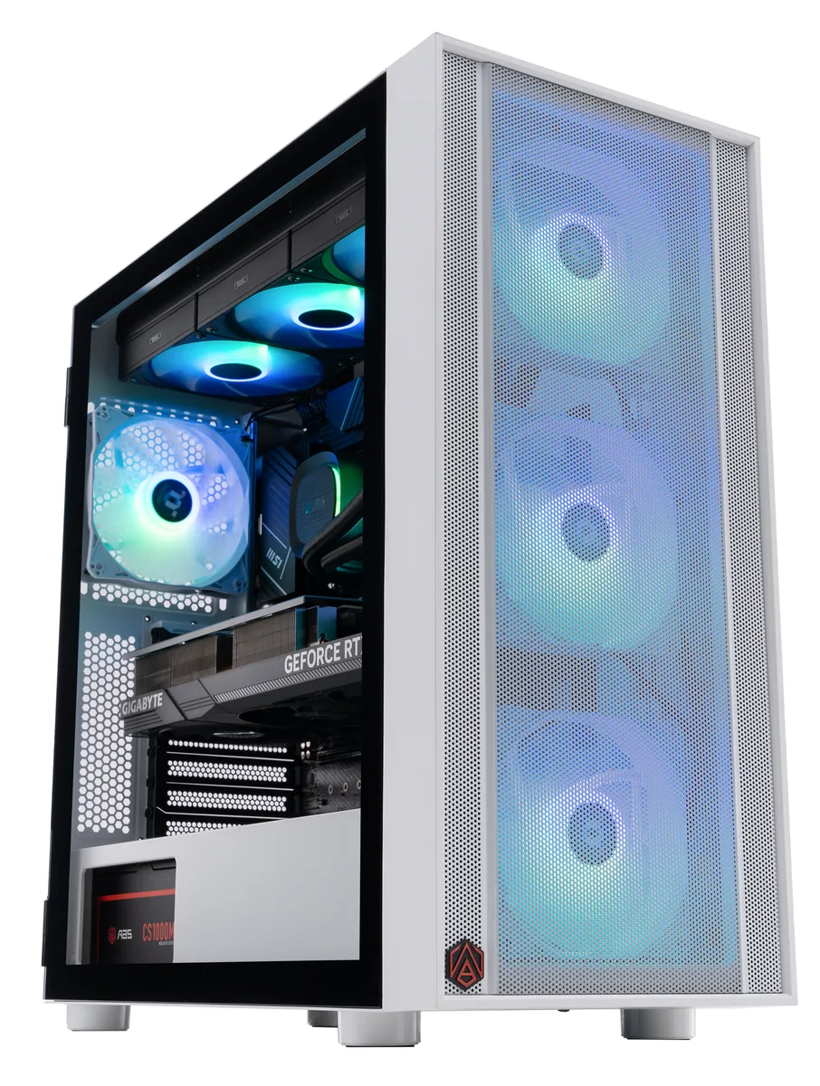 White mid-tower gaming PC with RGB liquid cooler visible through glass side panel