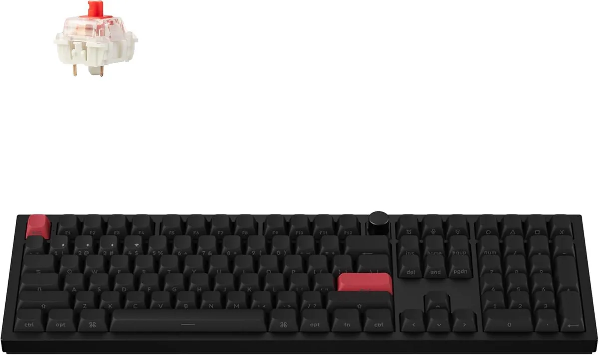 Black full-size mechanical keyboard with metal frame and programmable knob