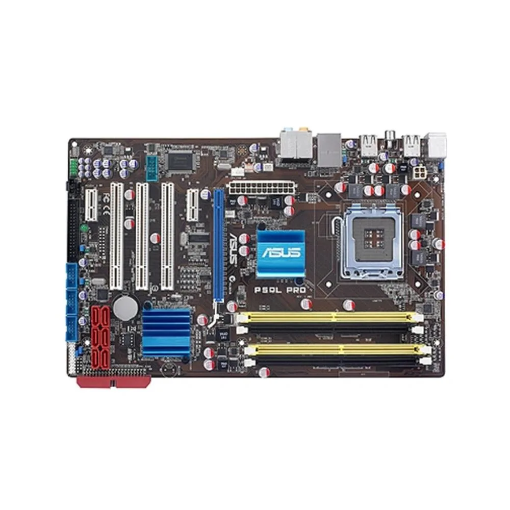 Green ATX motherboard with silver CPU socket and blue DDR2 slots