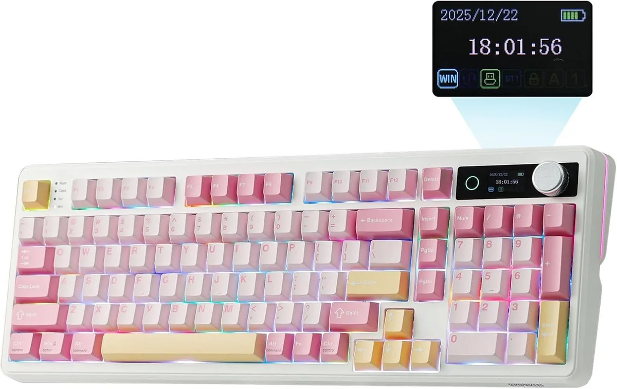 Pink 96% mechanical keyboard with side knob and glass screen