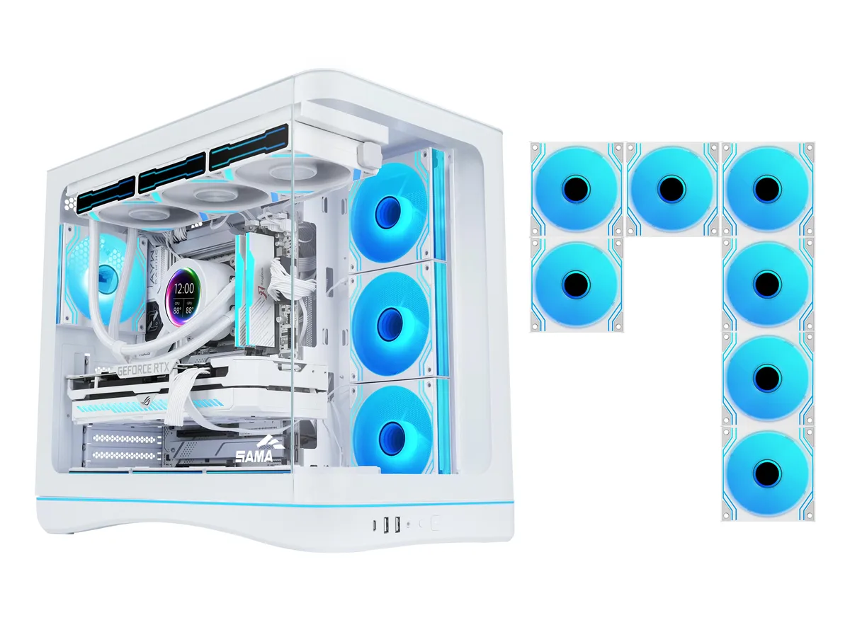 White mid-tower case with dual tempered glass panels and seven ARGB fans visible