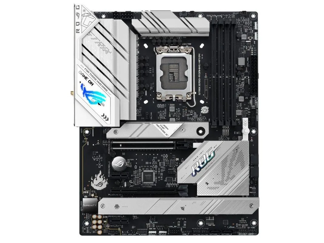 ATX motherboard in black with silver heatsinks and ROG branding