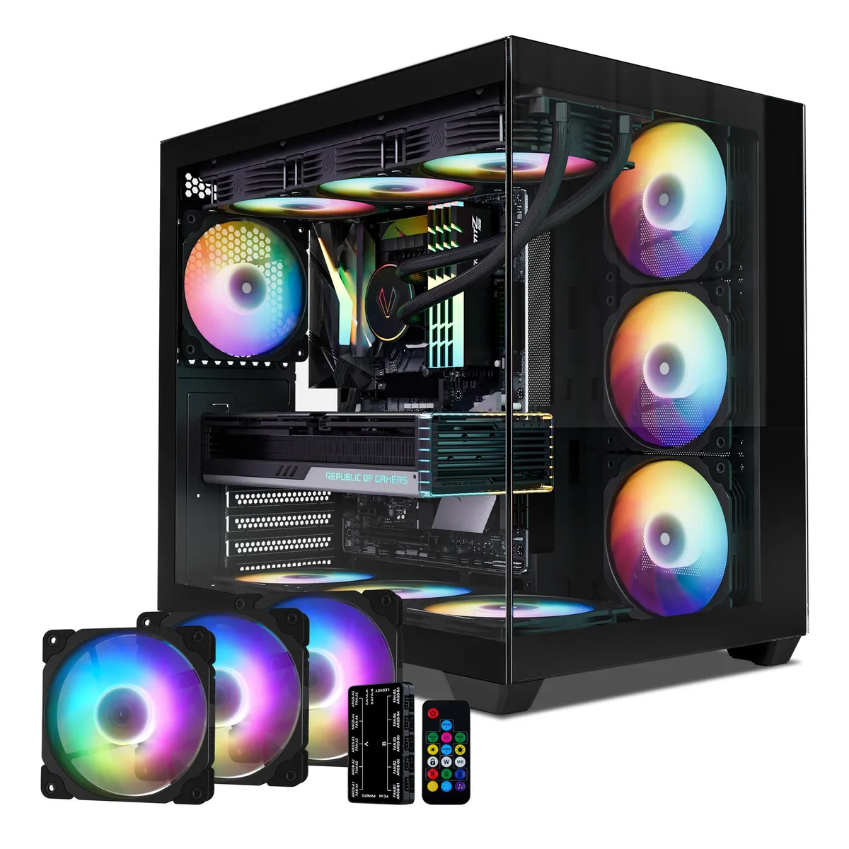 Black ATX mid-tower case with 270° tempered glass panels and four ARGB fans installed