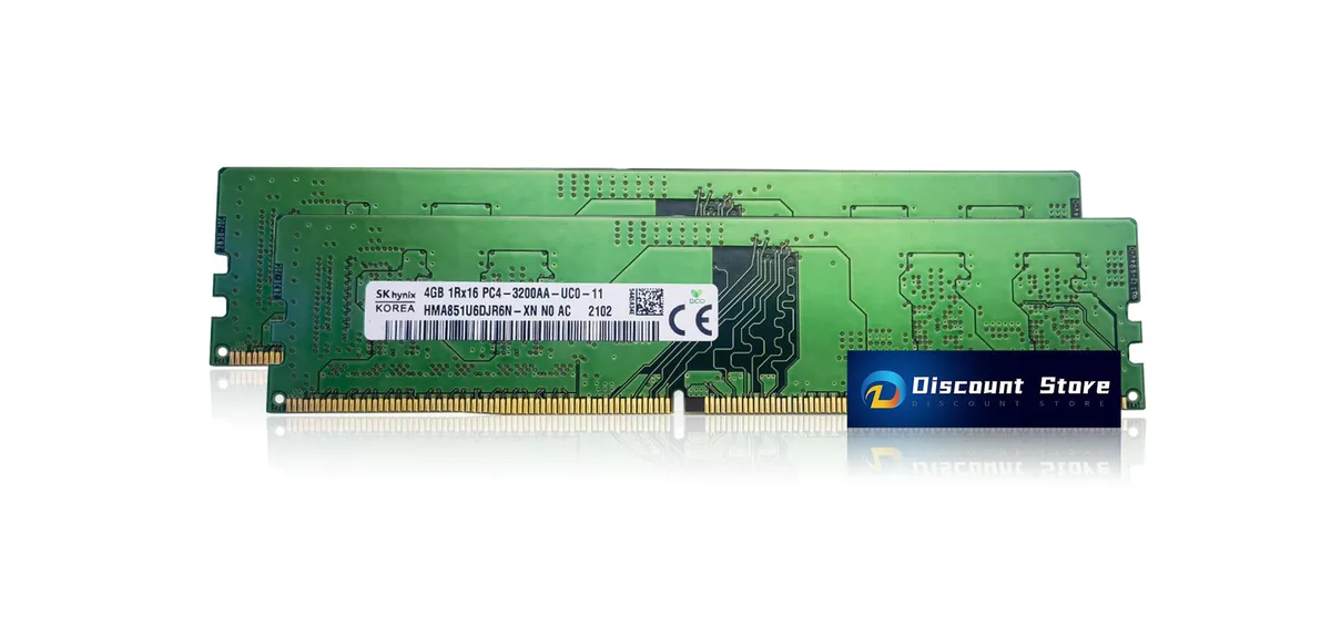 Two green DDR4 UDIMM sticks, black chips, gold contacts