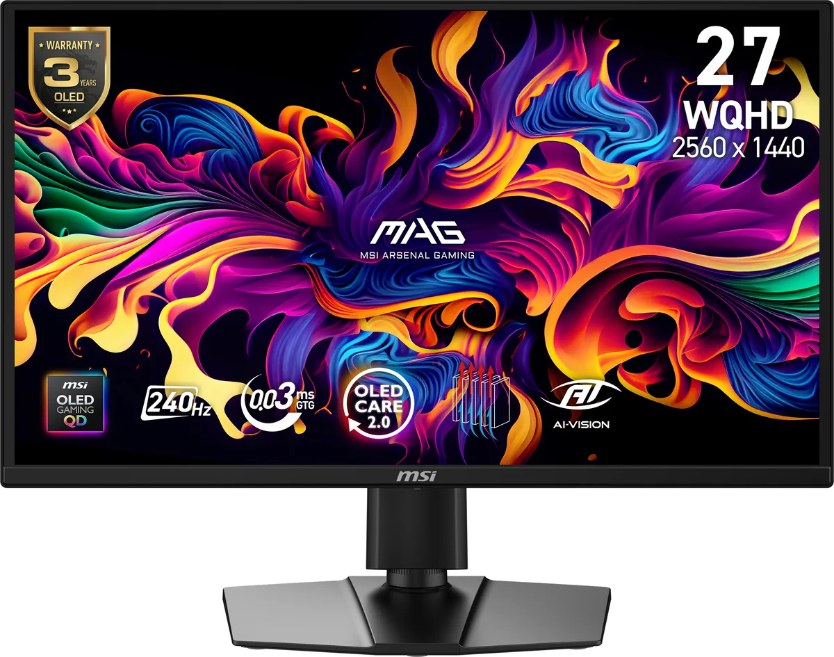 27 inch QD-OLED gaming monitor in metallic black with adjustable stand