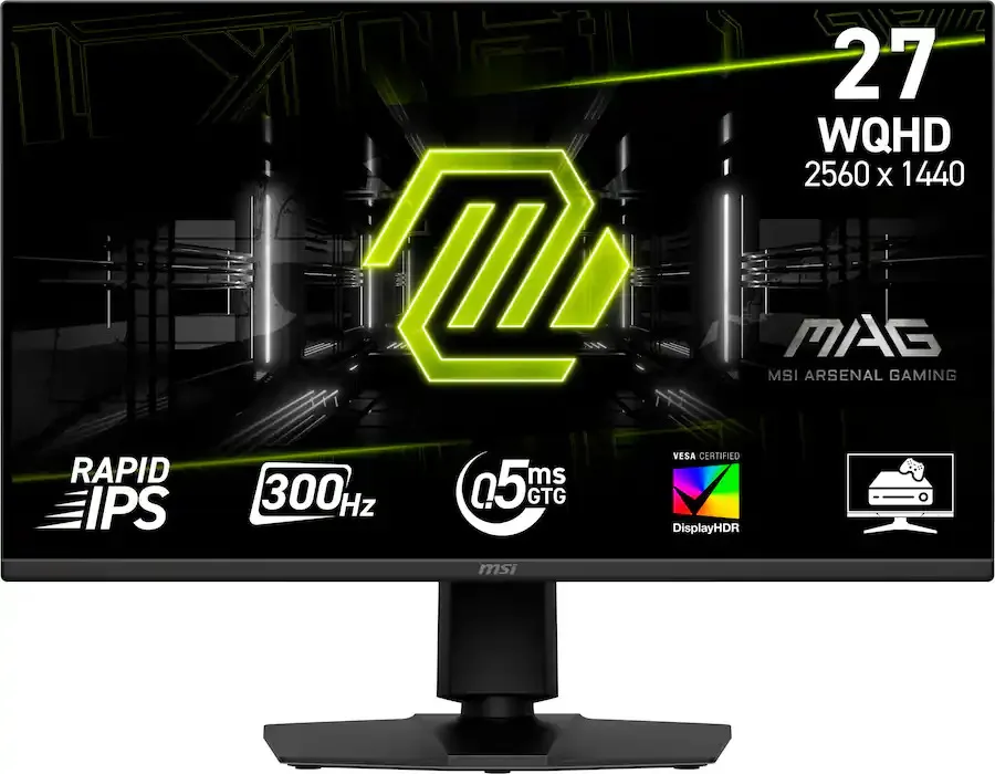 27 inch flat gaming monitor in metallic black with glassy trim, ergonomic stand visible
