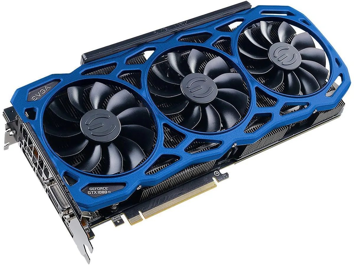 EVGA GeForce GTX 1080 Ti triple-fan graphics card in blue and silver finish