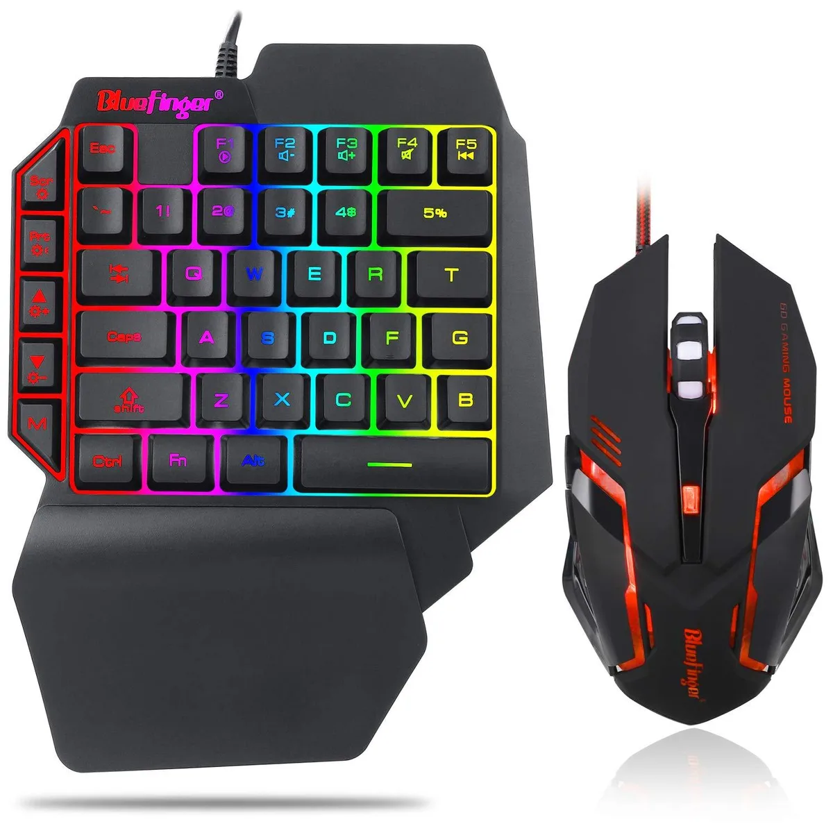Compact black one-hand keyboard with wrist rest and matching mouse, both wired USB with RGB backlighting
