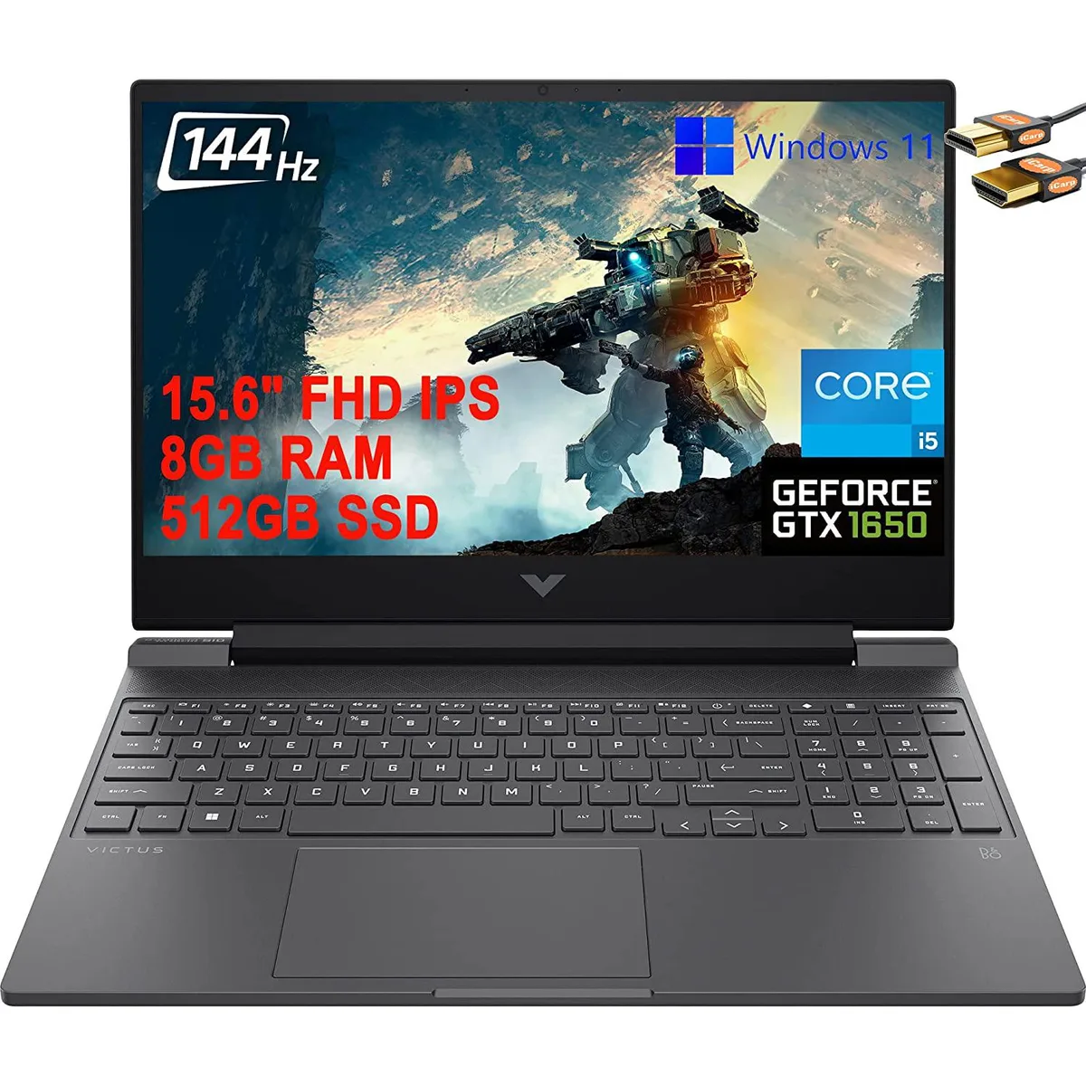 Dark grey 15.6 inch gaming laptop with backlit keyboard and narrow bezel display