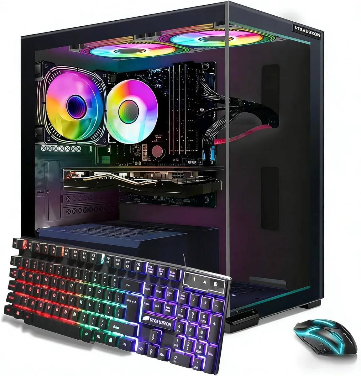 Black tower gaming PC with three RGB fans visible behind tempered glass side panel