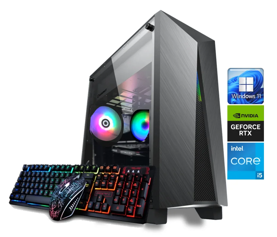 Black steel mid-tower case with RGB fans visible through side panel