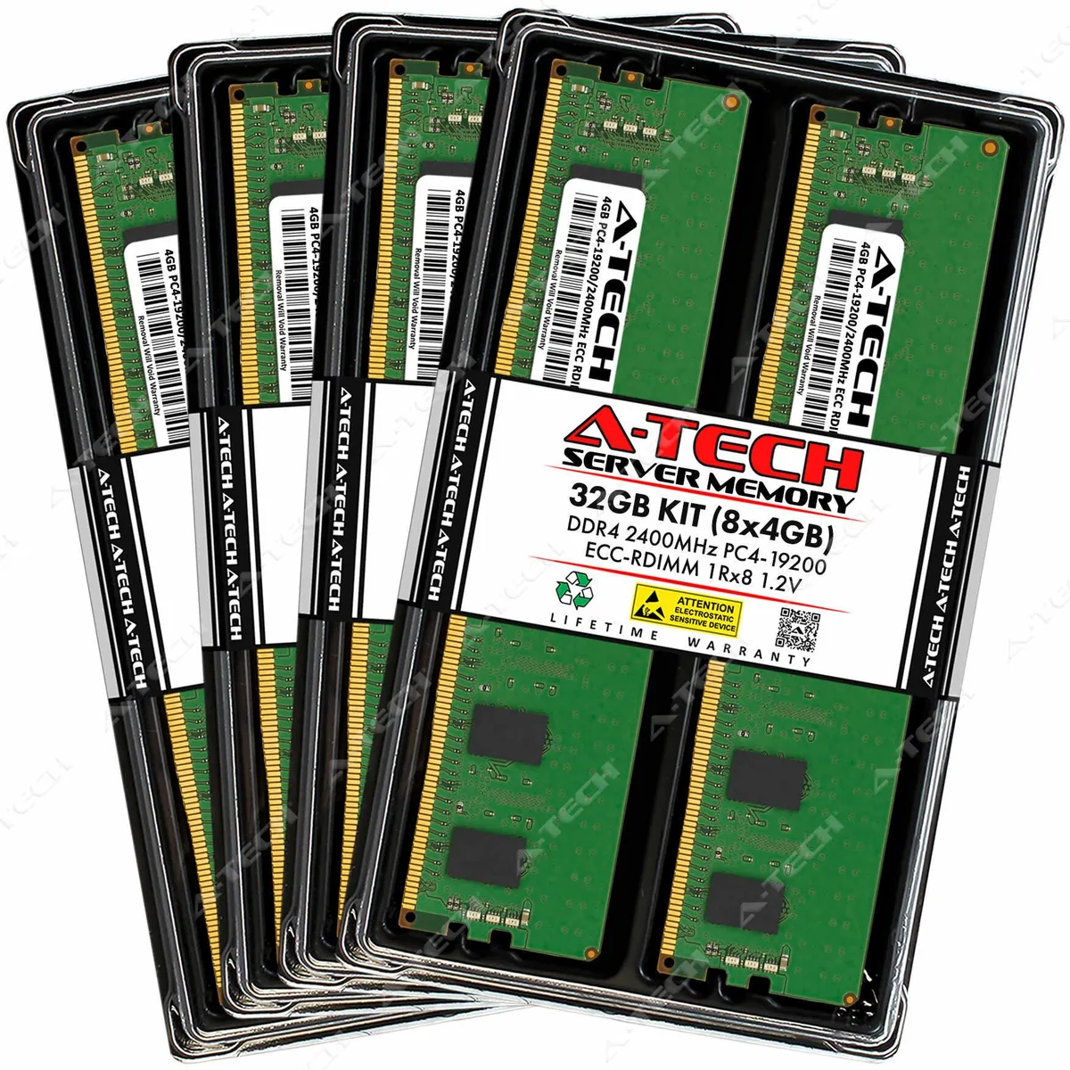 Eight green DDR4 RDIMM modules, 288 pins, no heat spreaders