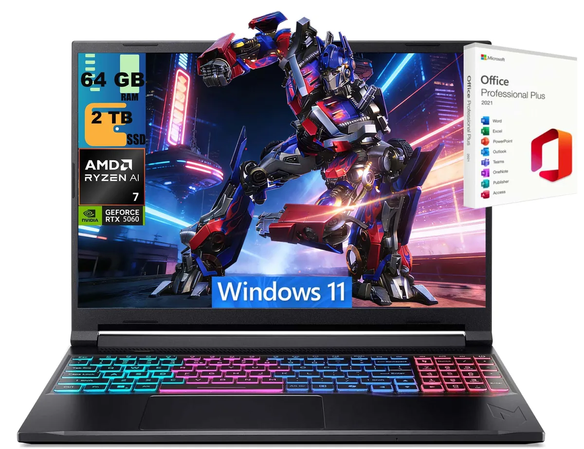 Black 16 inch gaming laptop with RGB keyboard and 180Hz display