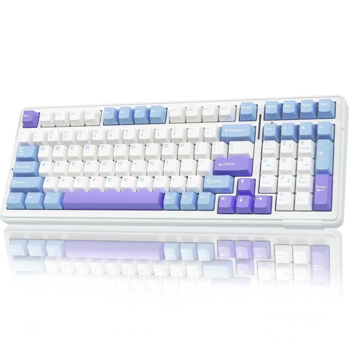 Blue purple white 99-key wireless mechanical keyboard with gasket structure and RGB lighting