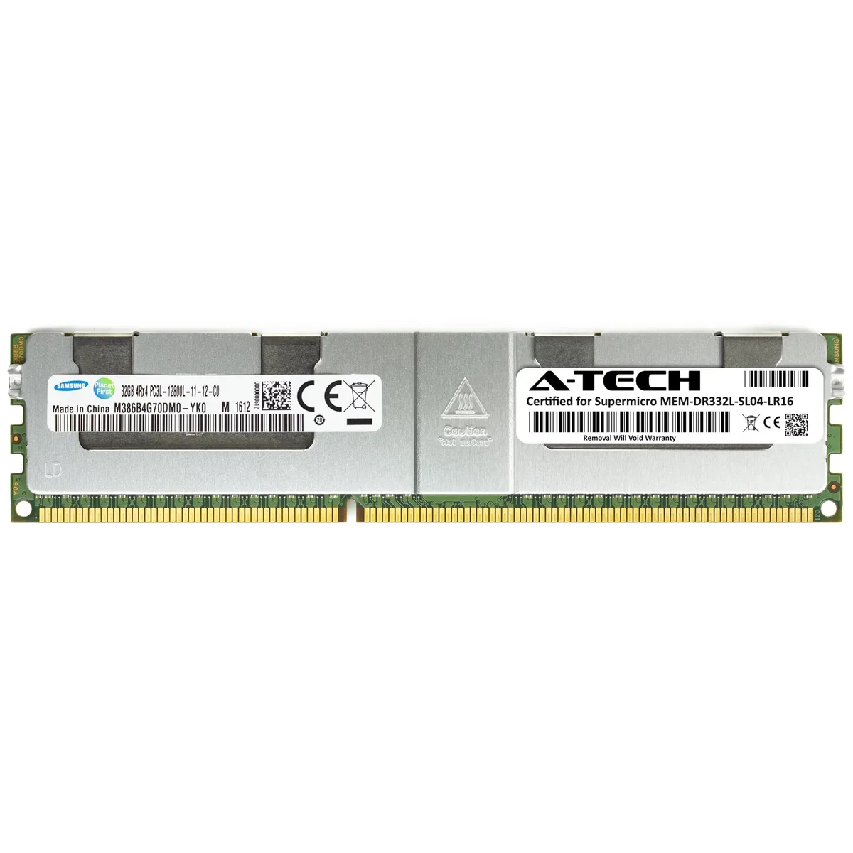 Green 240-pin LRDIMM module with black Samsung chips and silver label
