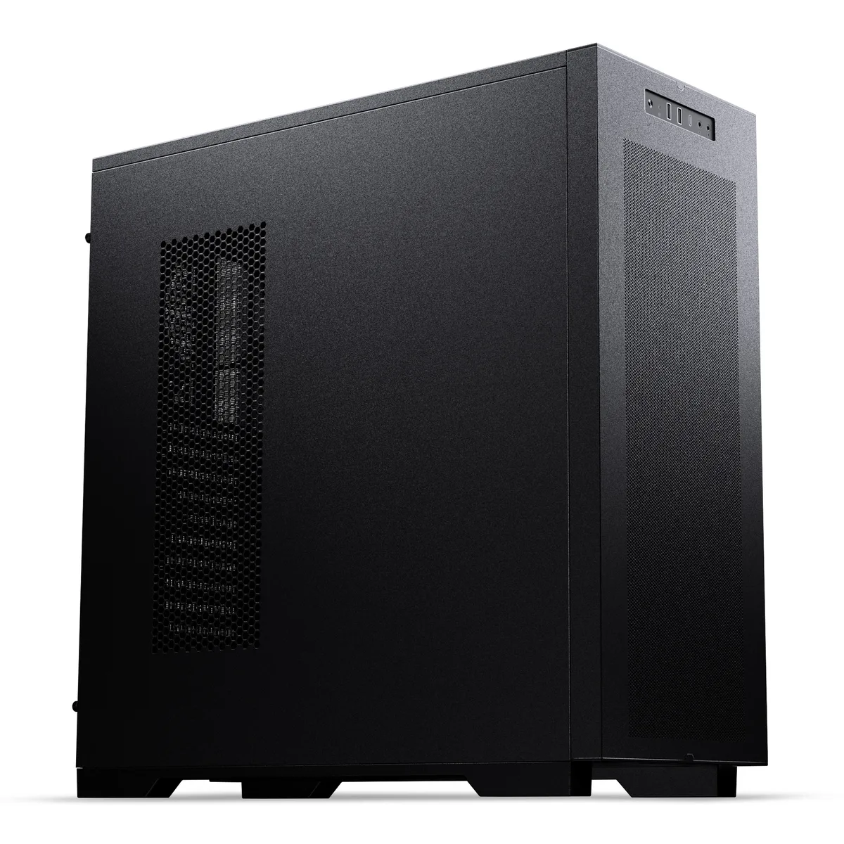 Black full-tower steel case with all-metal mesh panels and front I/O visible