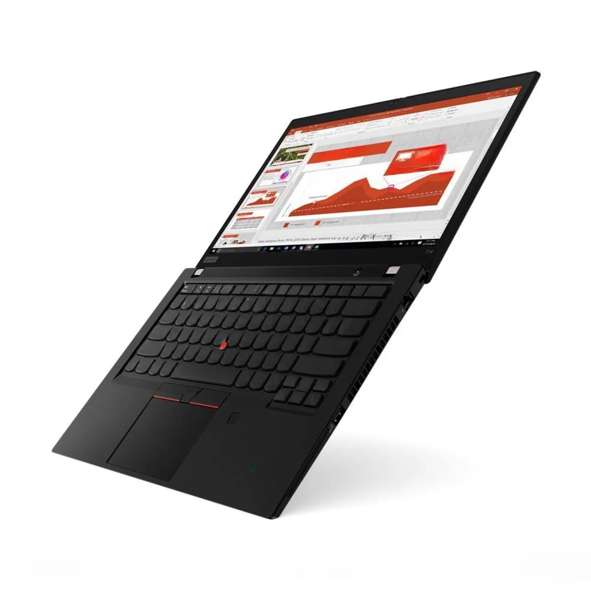 Black ThinkPad T14 Gen 2 laptop closed showing matte finish and red TrackPoint nub