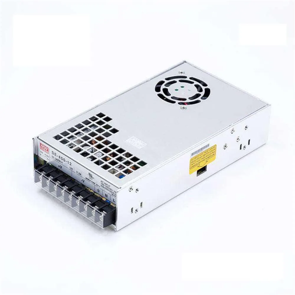 Rectangular metal power supply unit with built-in fan and terminal connections