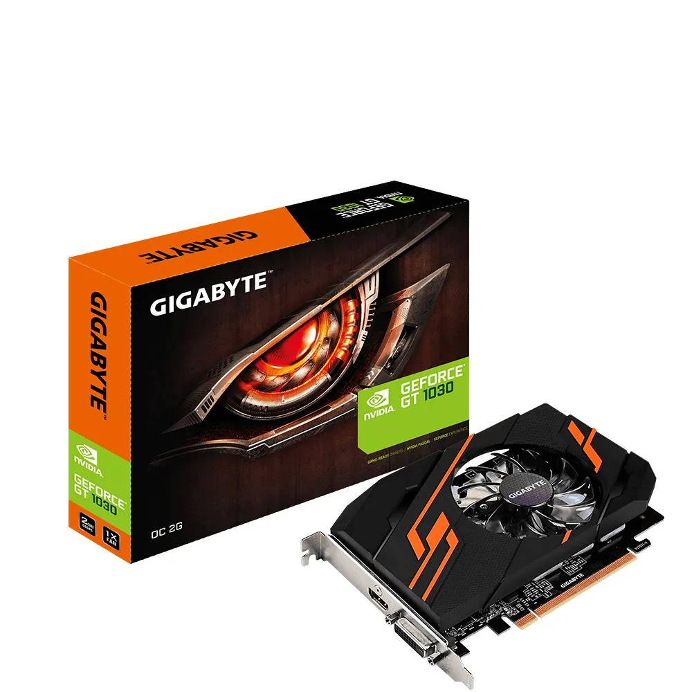 Compact GIGABYTE GT 1030 graphics card with black shroud and single fan, low-profile bracket, DVI and HDMI ports visible