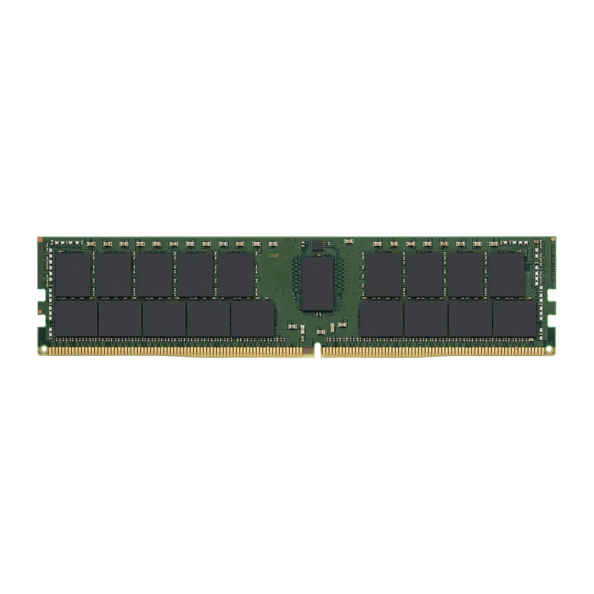Green rectangular DDR4 DIMM circuit board with black memory chips on both sides, gold edge connector, no heat spreader