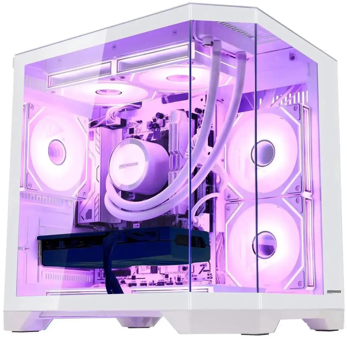 White mid-tower gaming desktop with 240mm RGB liquid cooler visible through side panel