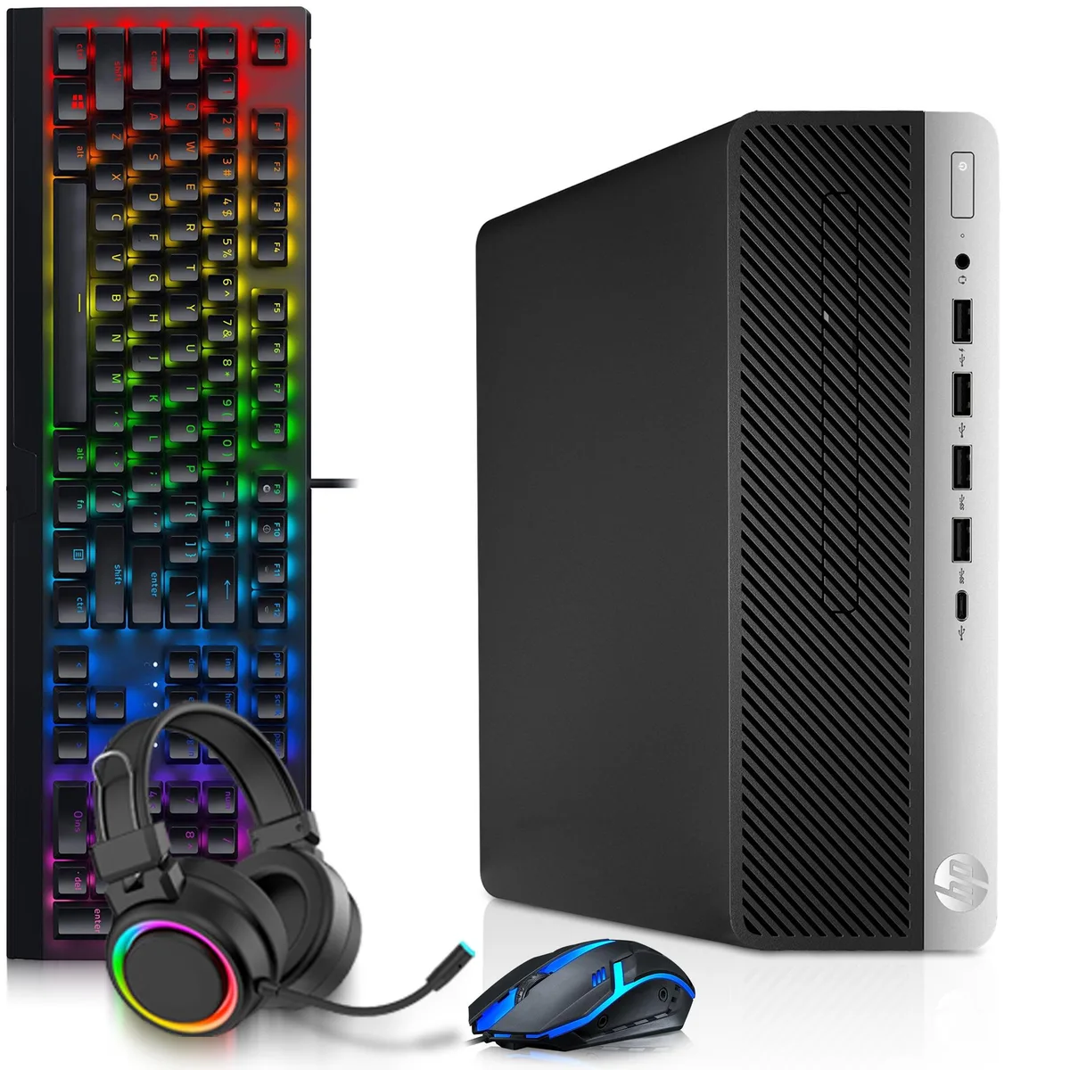 Compact small-form-factor desktop in a dark chassis with RGB keyboard, mouse and headphones