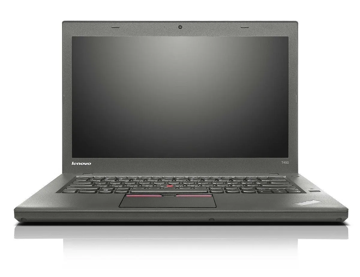 Black ThinkPad T450 clamshell laptop, matte 14.0-inch non-touch screen, compact business form factor