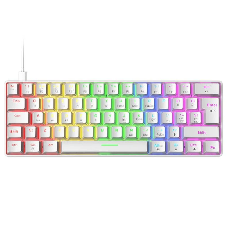 White 62-key compact mechanical keyboard with blue switches and RGB backlighting