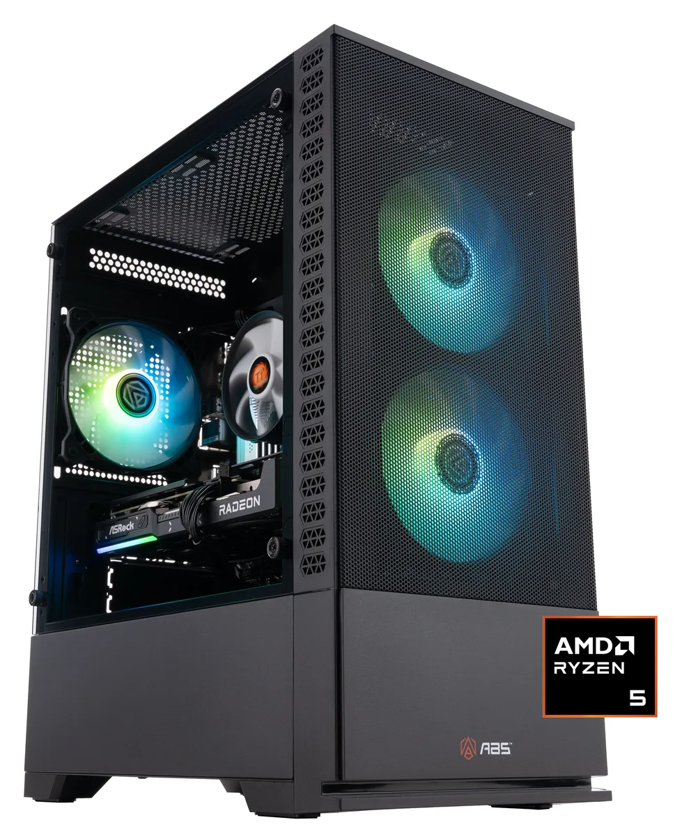 Mid-tower gaming desktop in black case with RGB-lit memory visible through side panel