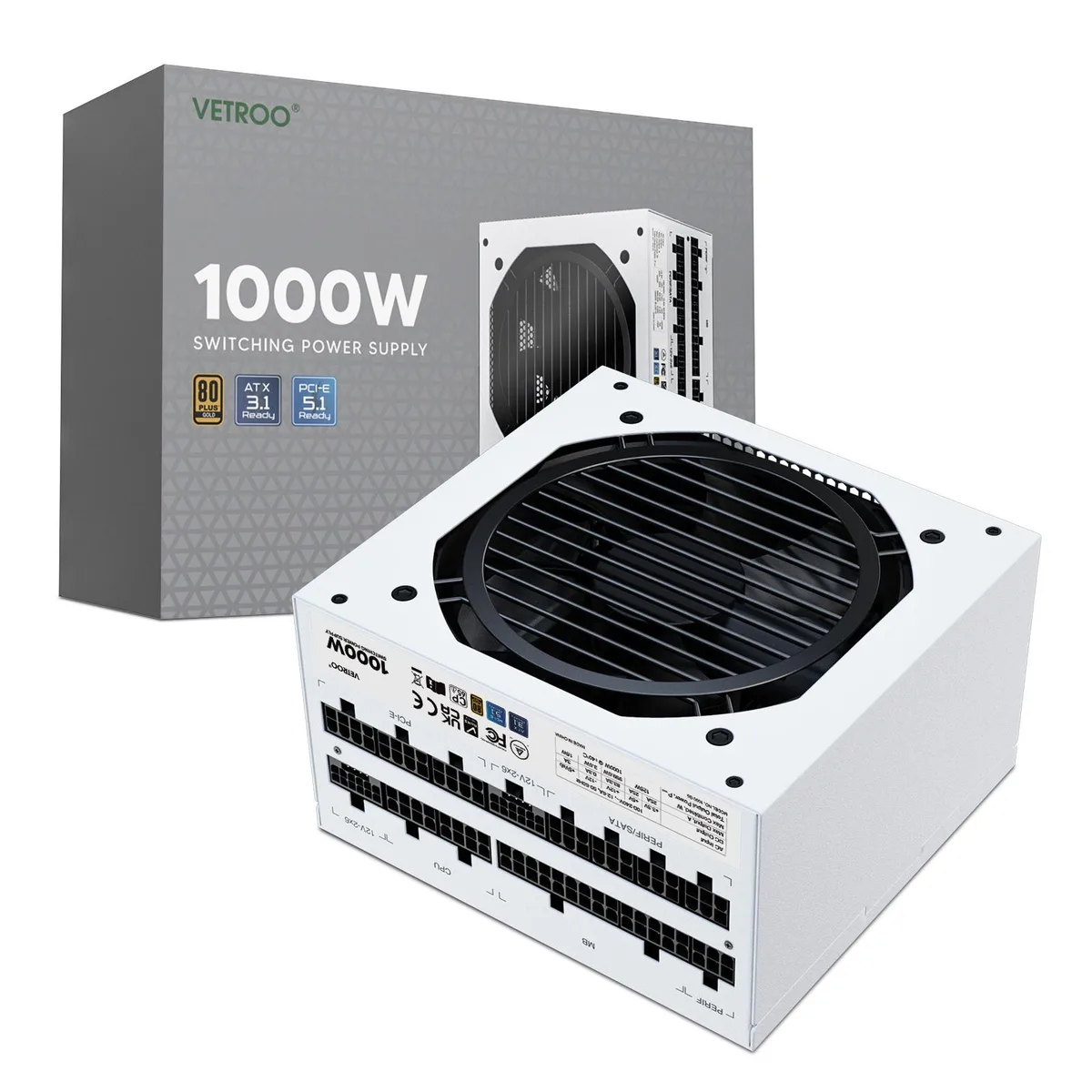 White ATX power supply unit, compact rectangular shape, matte finish, single 120mm fan visible, modular cable sockets on front face
