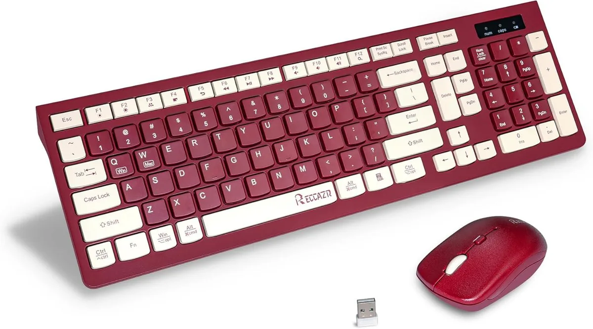 Wine red full-size wireless keyboard and mouse combo with nano USB receiver