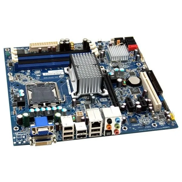 Green rectangular Micro-ATX motherboard with silver LGA-775 socket, four DDR2 slots, blue SATA ports, integrated GMA 3100 graphics