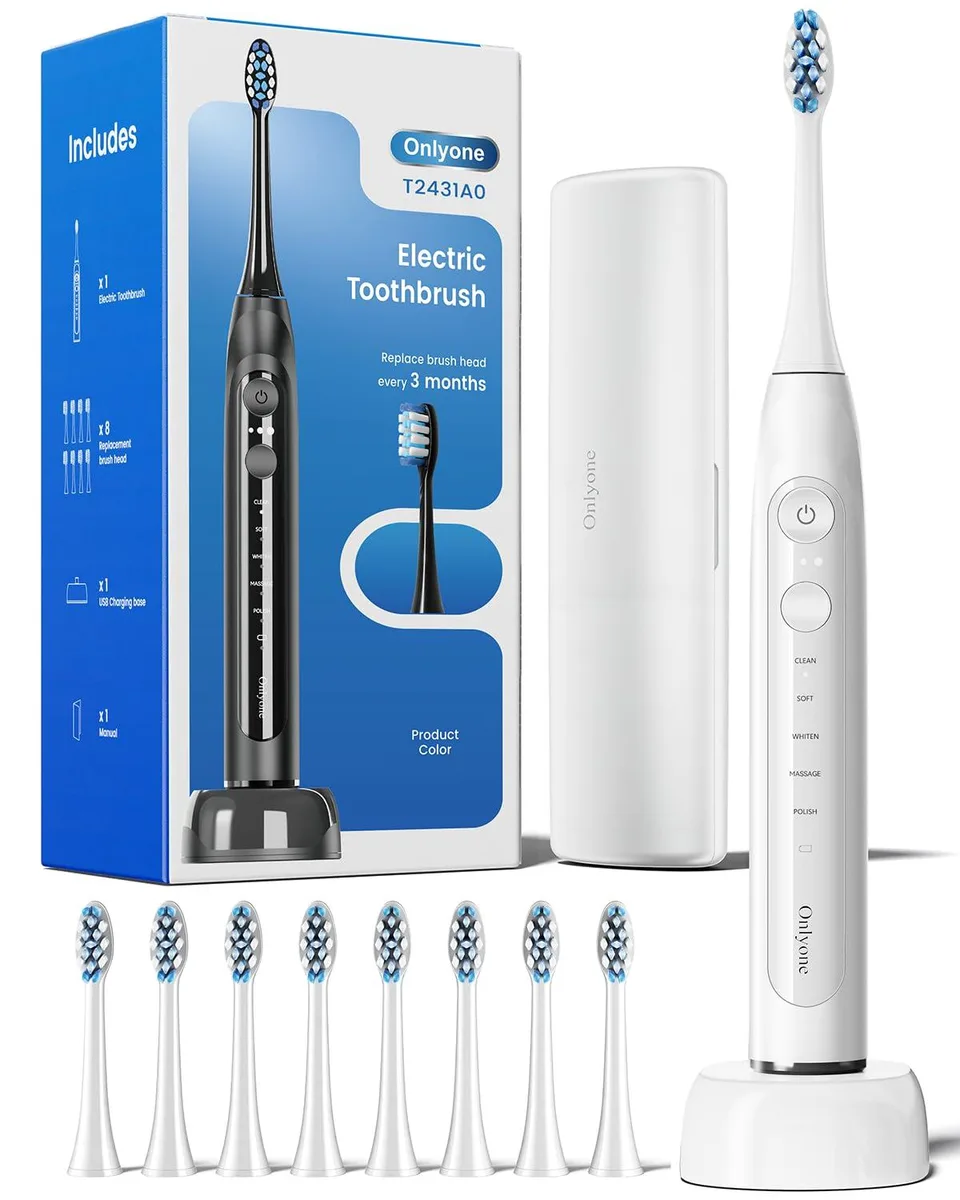 Onlyone T2431A0 Oral Care Sonic White 5 Modes 8 Heads Travel Case Wireless Charging — product photo