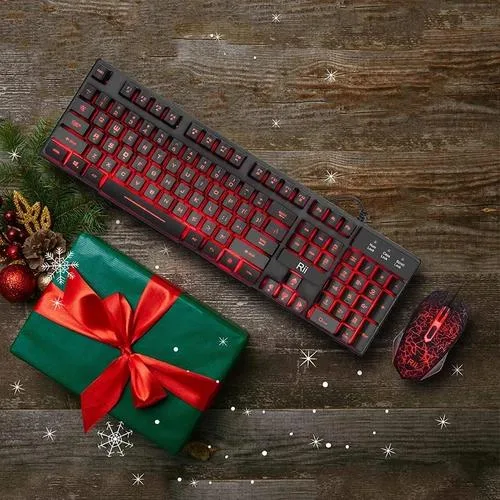 Black full-size keyboard and matching mouse with three-colour LED backlighting