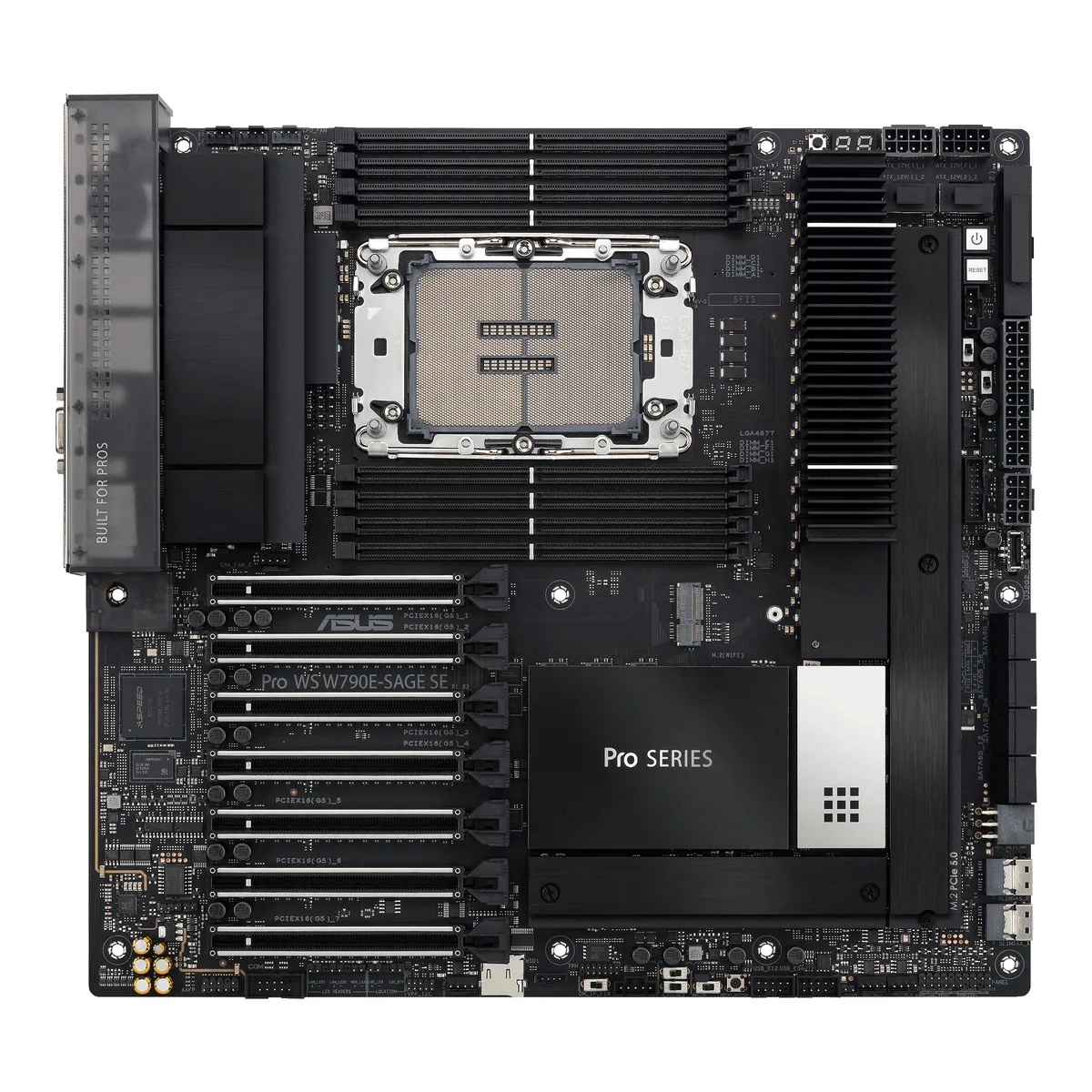 Large CEB motherboard with dark heatsinks, seven full-length PCIe slots and eight DDR5 slots