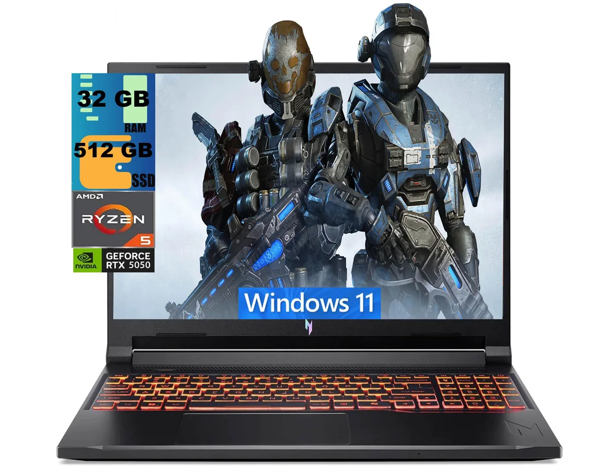 Black 16-inch gaming laptop with matte finish and backlit keyboard