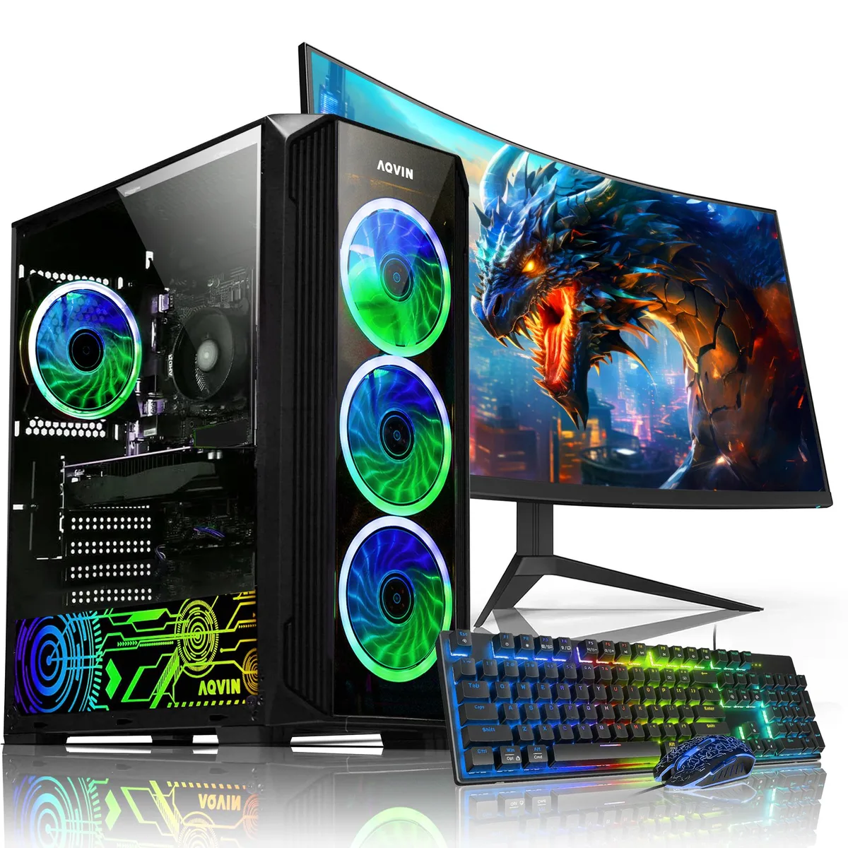 Black tower PC with side window, 27-inch curved monitor, RGB keyboard and mouse