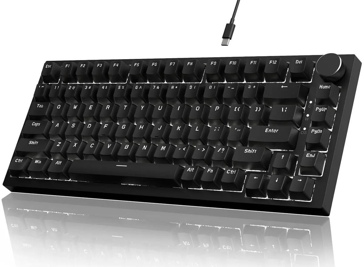 Black compact 82-key mechanical keyboard with volume knob and white LED backlight