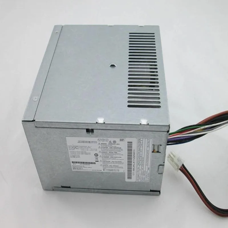 Rectangular silver ATX power supply unit with fan grille and cable bundle