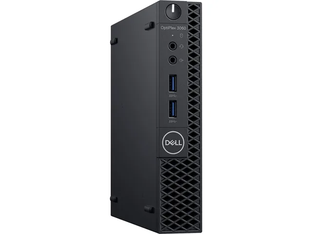 Black Dell 3060 micro tower desktop with USB keyboard and mouse
