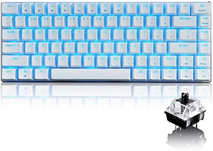 White compact 82-key mechanical keyboard with black switches and blue LED backlighting
