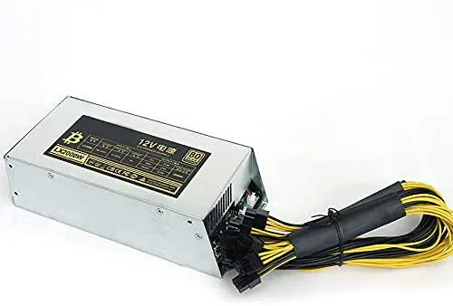Rectangular metal power supply unit with cooling fan and cable connectors visible